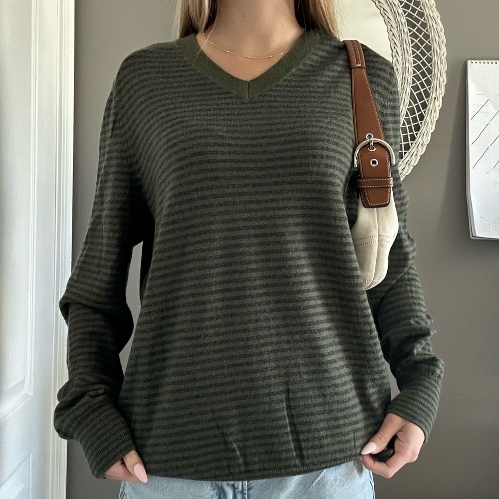 Banana Republic Olive Green Striped V-Neck Sweater